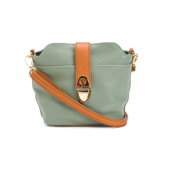 VALENTINA Green Made In Italy Leather Satchel With Contrast Trim